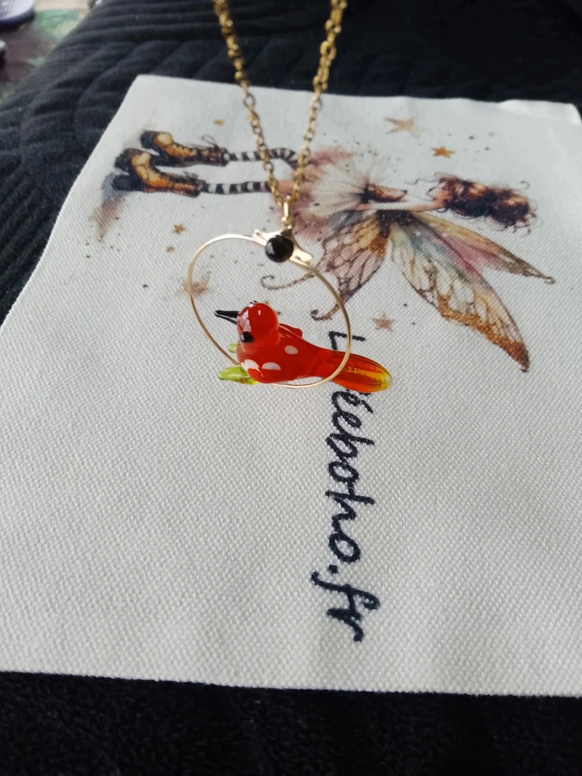 Vogel glas collier in stalen cirkel – photo 3